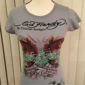 Ed Hardy bleu T-shirt, short sleeve with animal designs